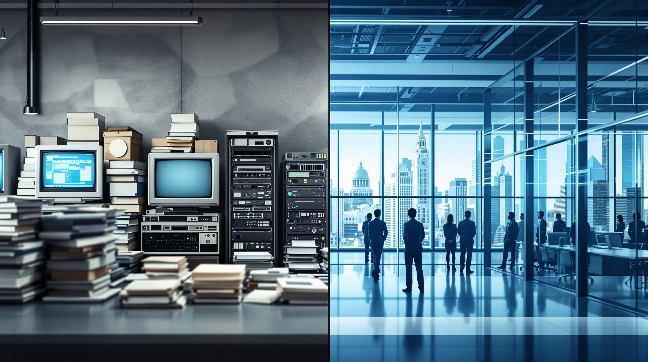 Professional image showing the contrast between legacy government systems and modern IT infrastructure for municipal modernization