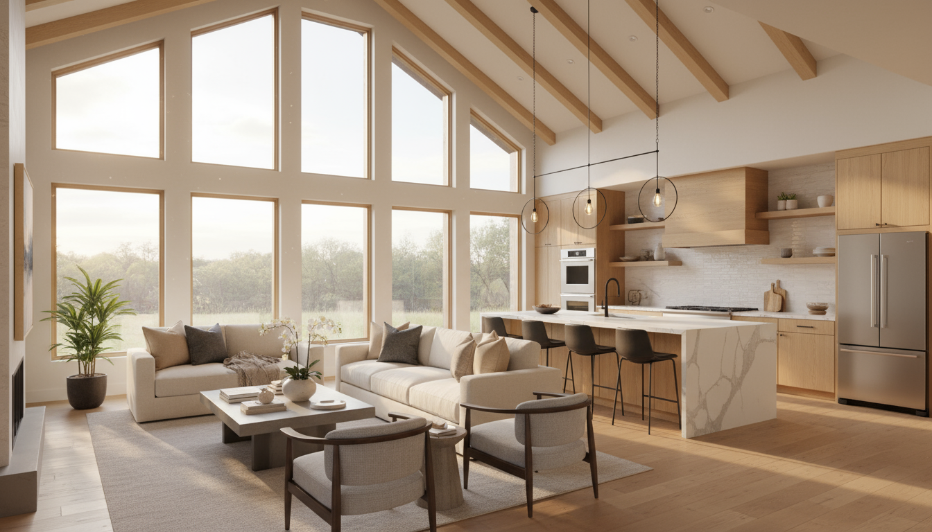 Modern open-concept living room and kitchen in Leander Texas home with high ceilings and natural light