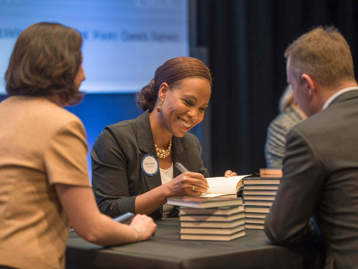 Black female author signing books at conference