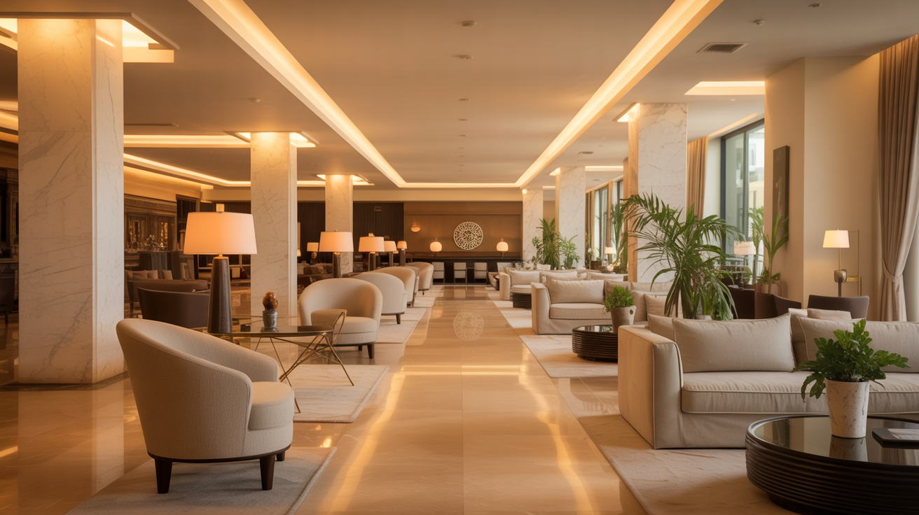 Luxury hotel lobby with pristine carpets