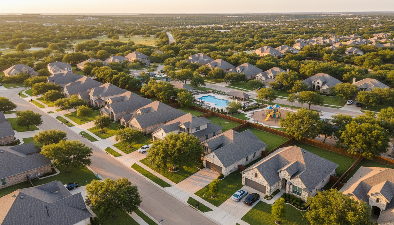 Aerial view of beautiful Leander Texas neighborhood with modern homes and tree-lined streets