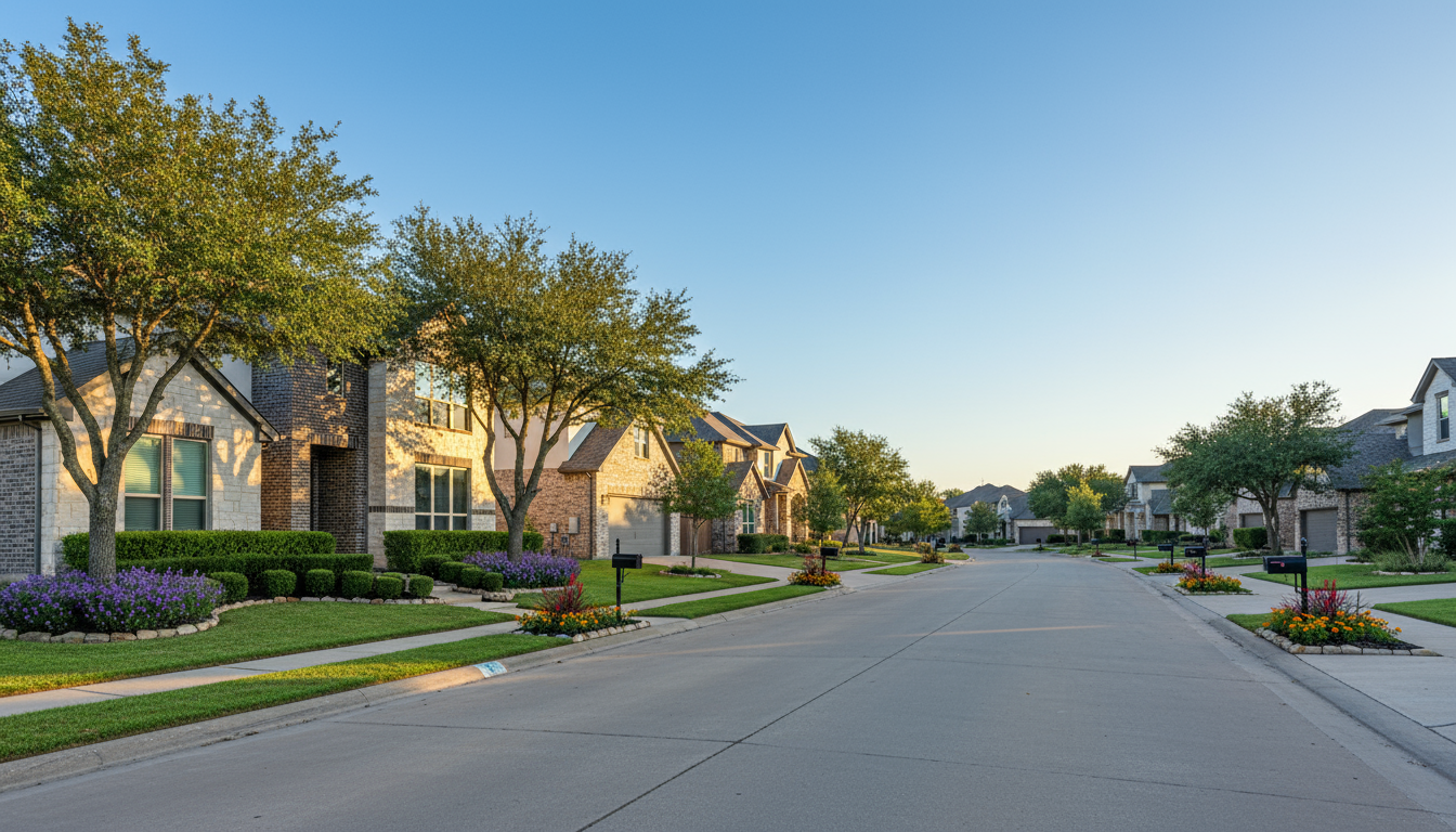 Beautiful Cedar Park Texas suburban street with modern homes and mature landscaping