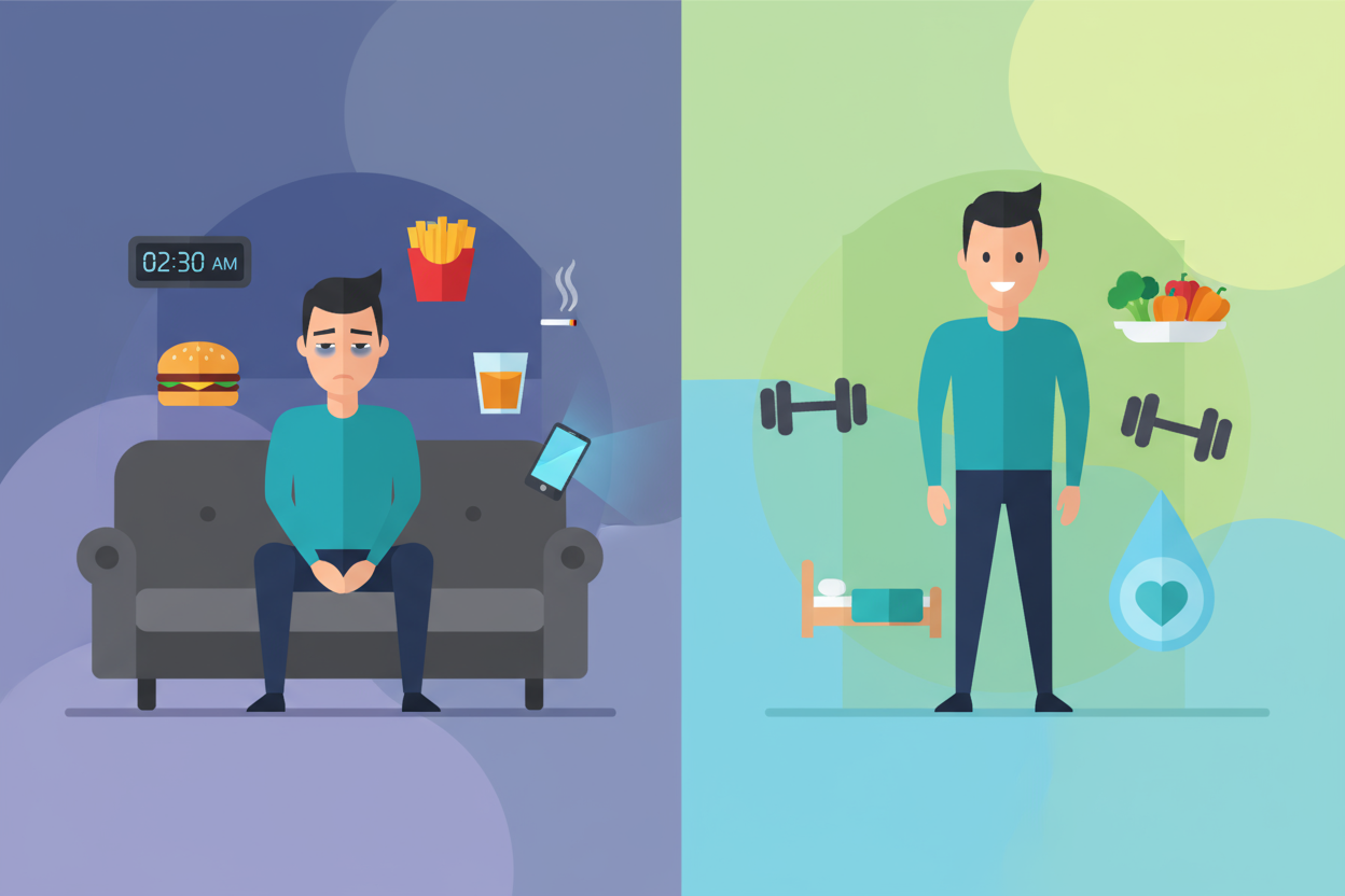 Comparação de estilo de vida antes e depois