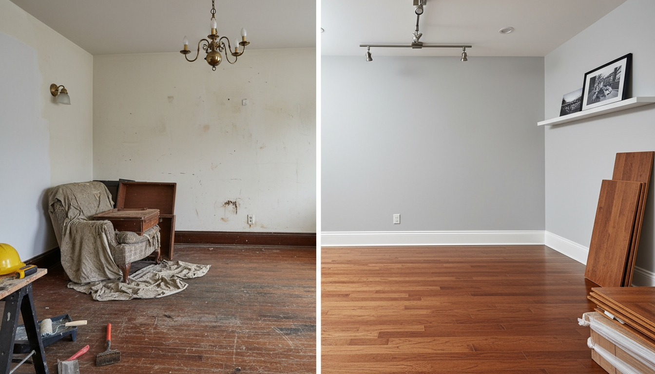 Split before-and-after of home renovation showing value of targeted updates