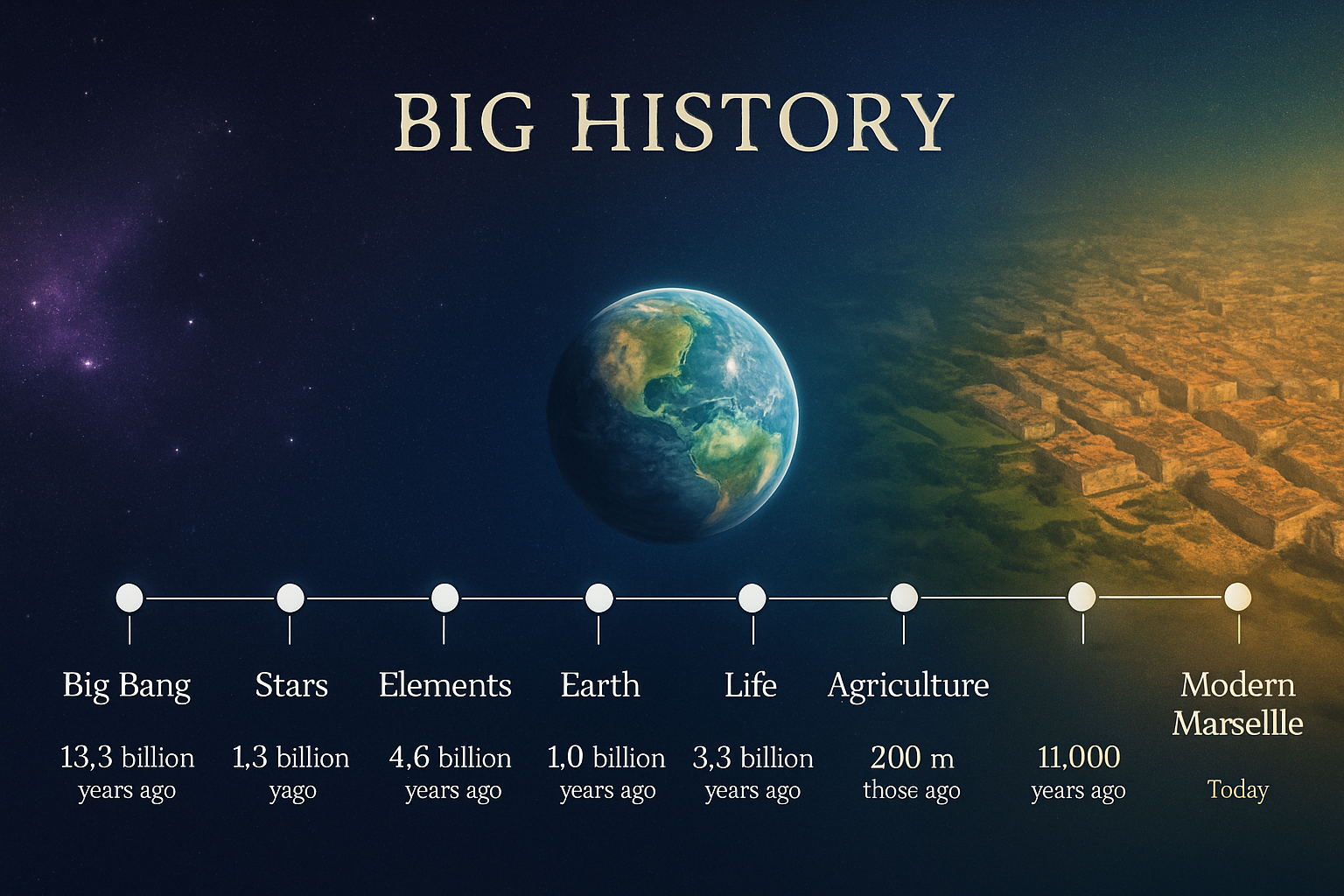 Big History timeline from Big Bang to Marseille urbanization showing 8 complexity thresholds