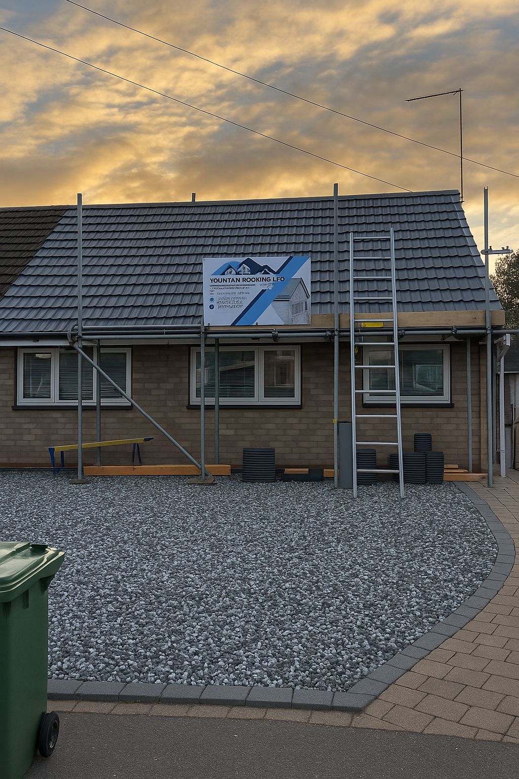 Modern property roof installation at sunset with company signage