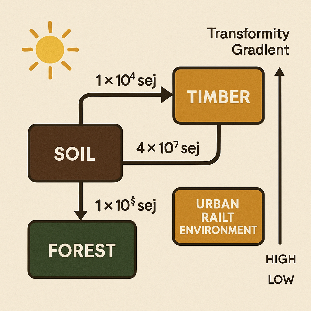 Soil-Forest-Timber-Urban material flow diagram with transformity gradient
