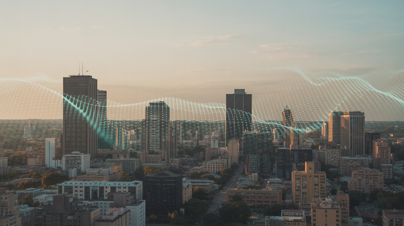 Zimbabwe cityscape with digital overlay representing app development