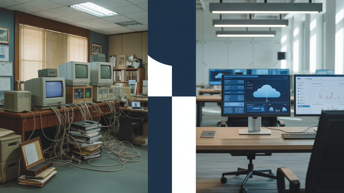 Comparison of legacy government systems versus modern IT infrastructure showing the cost benefits of modernization
