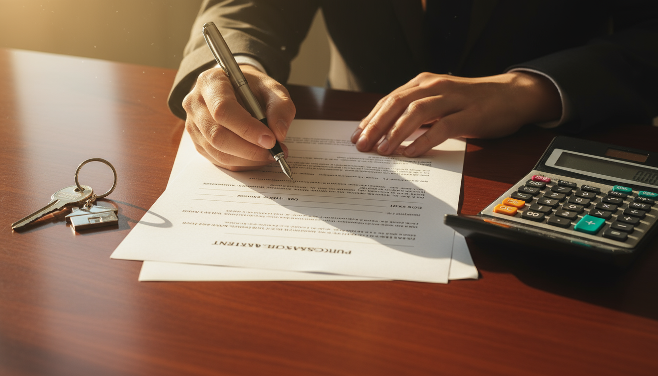Hands signing real estate documents with house keys and calculator showing closing costs