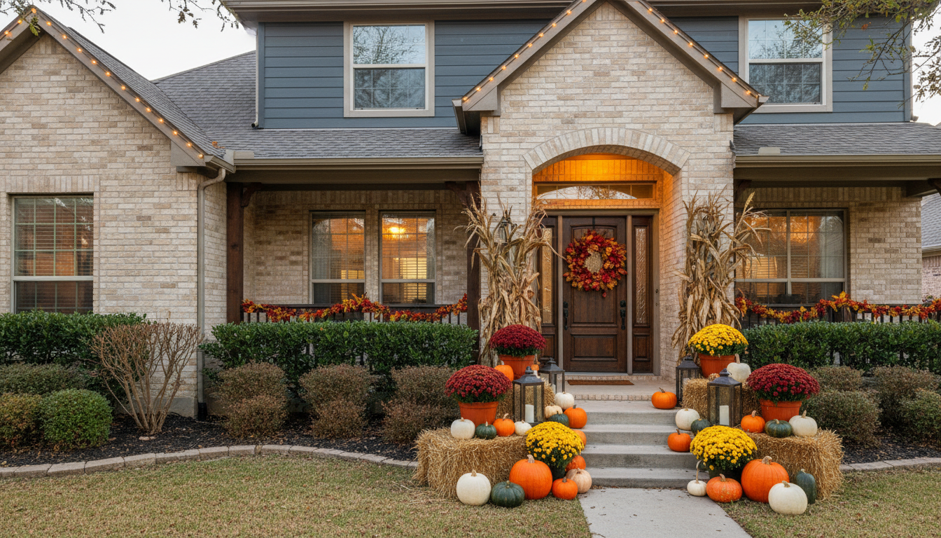Home exterior decorated for Thanksgiving with wreaths and pumpkins, inviting open house entrance