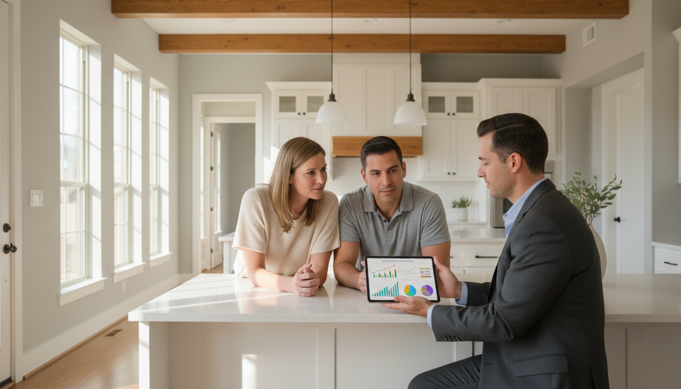 Real estate agent showing market data and charts to homeowners during consultation in Leander Texas