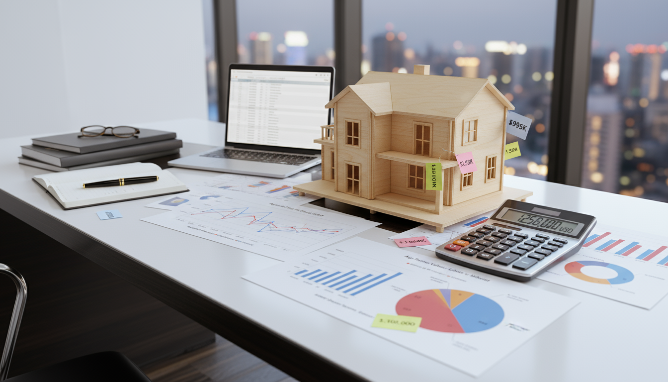 Real estate pricing strategy concept with house model, calculator, and market charts