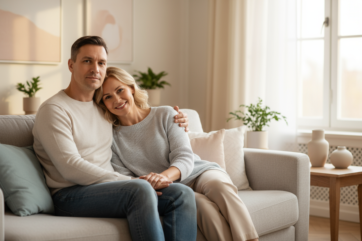 Casal confiante e conectado no sofá