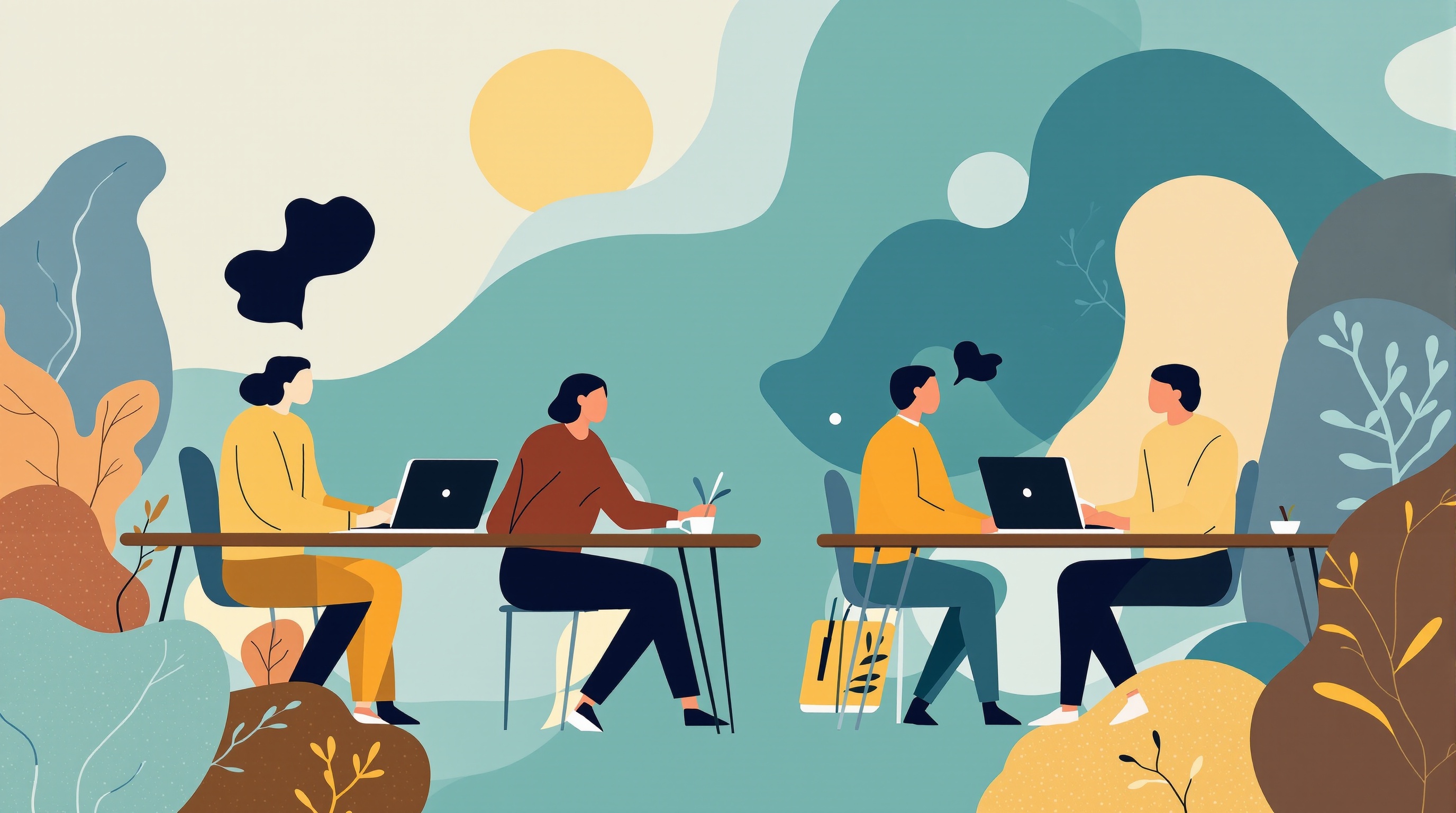 Friendly team collaboration illustration showing warm, approachable figures working together