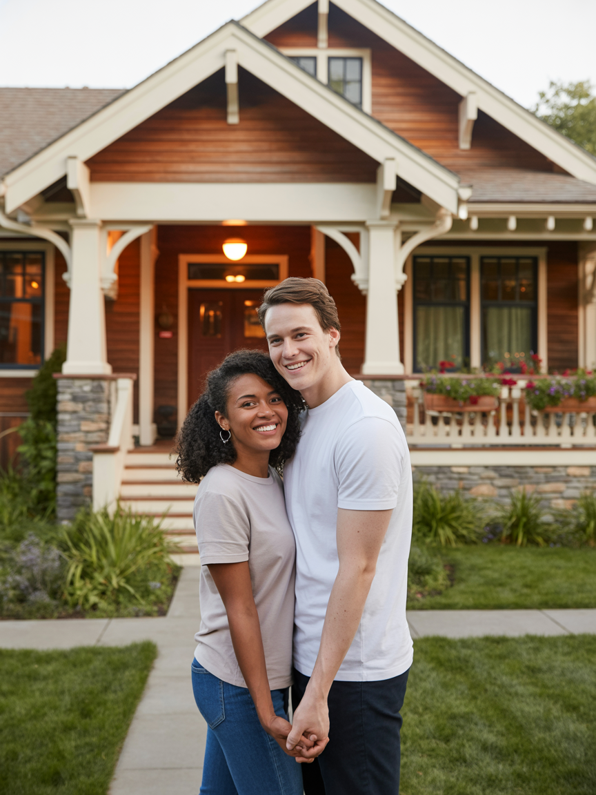 Interracial couple in front of craftsman-style home