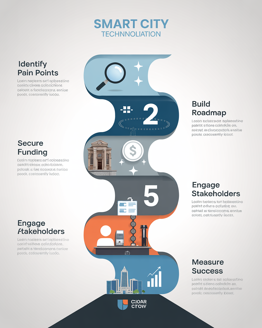 Infographic showing smart city technology implementation steps for city administrators