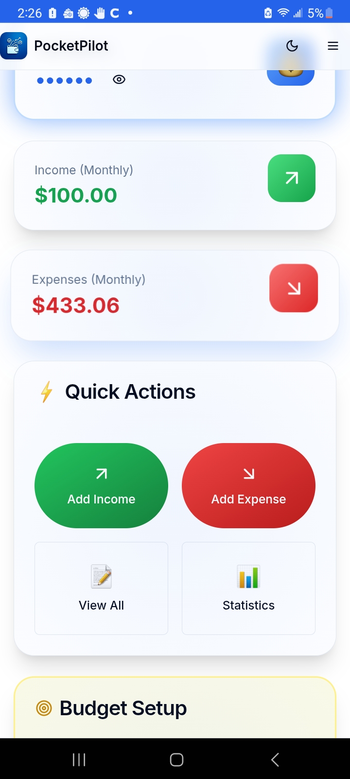 PocketPilot Dashboard - Expense Tracking