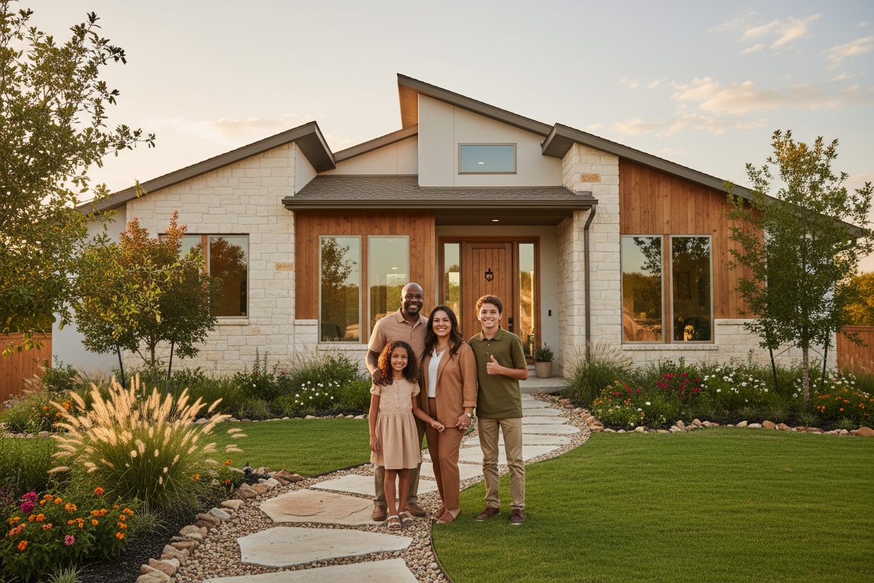 Happy family in front of their new Leander Texas home