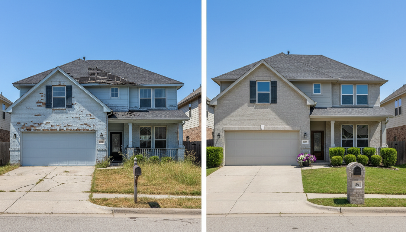 Side-by-side comparison of a well-maintained home and a home needing repairs