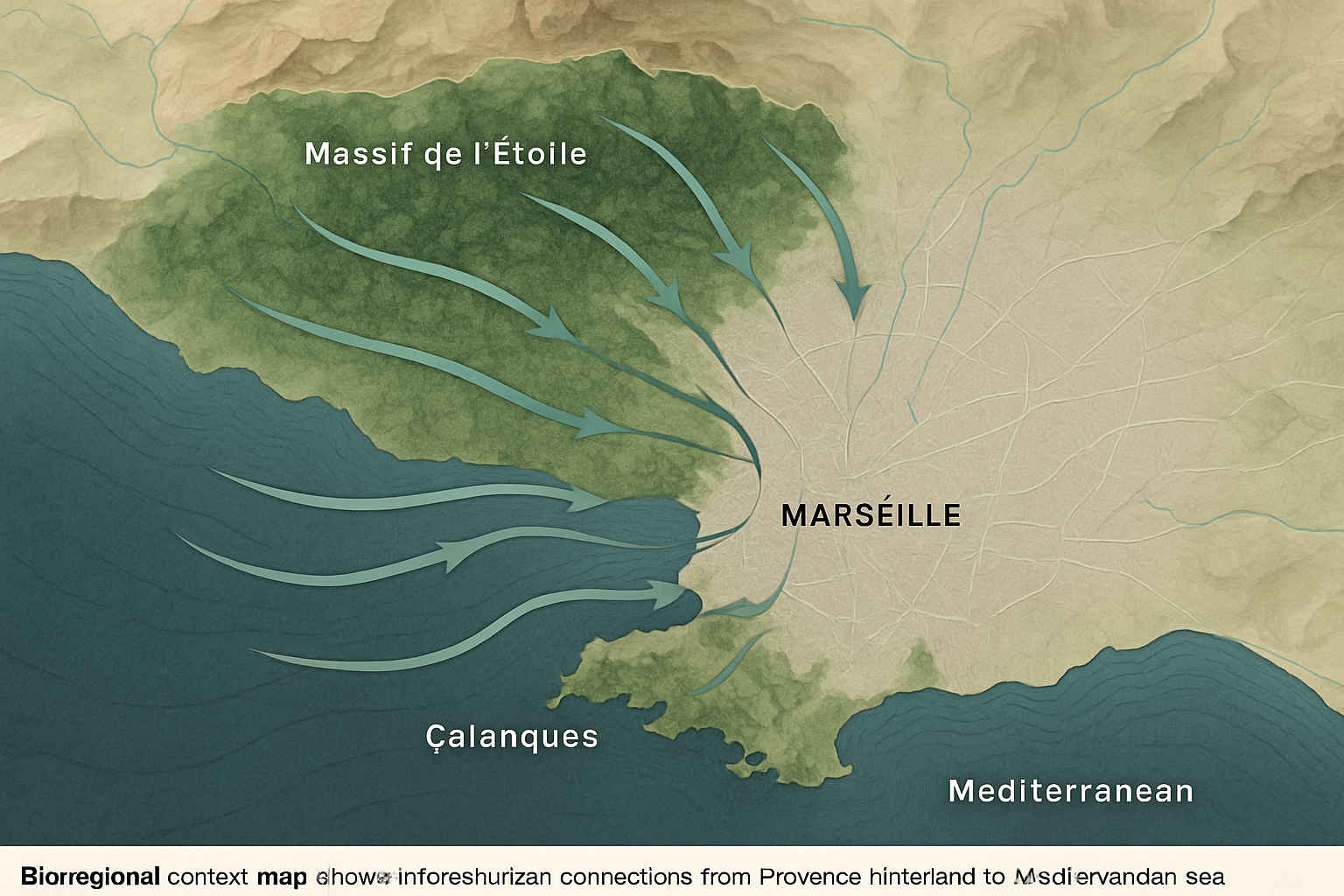 Marseille bioregional context showing forest-urban connections from Provence to Mediterranean