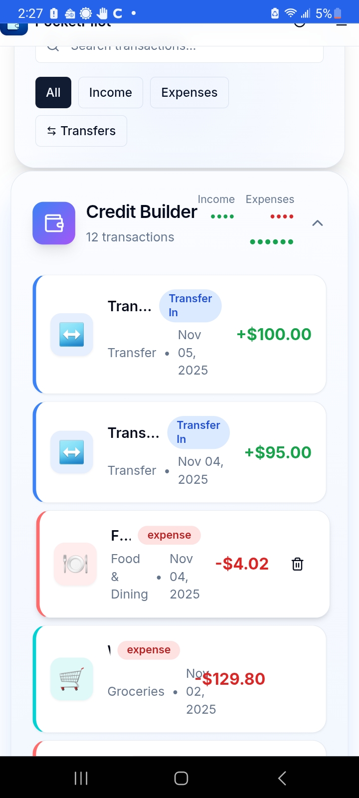 PocketPilot Transaction List