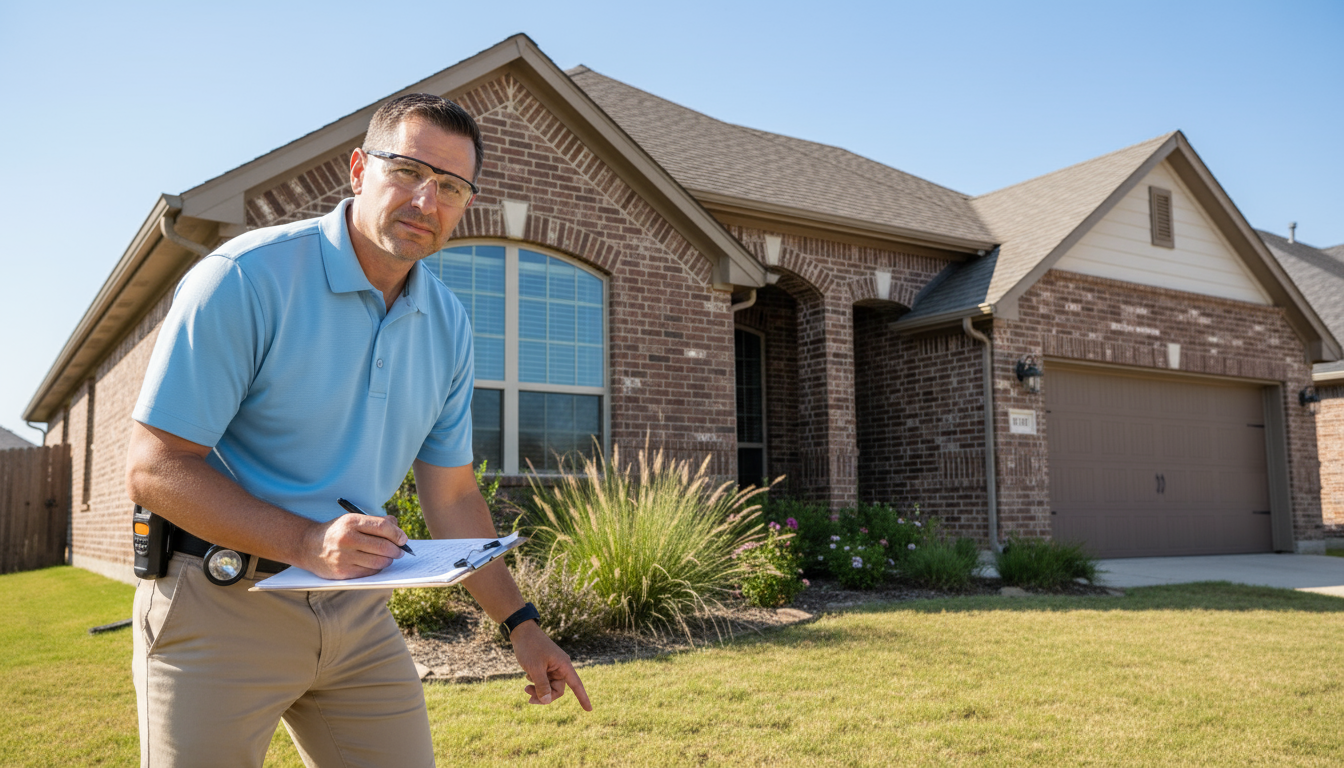 Professional home inspector examining Leander Texas property exterior with clipboard