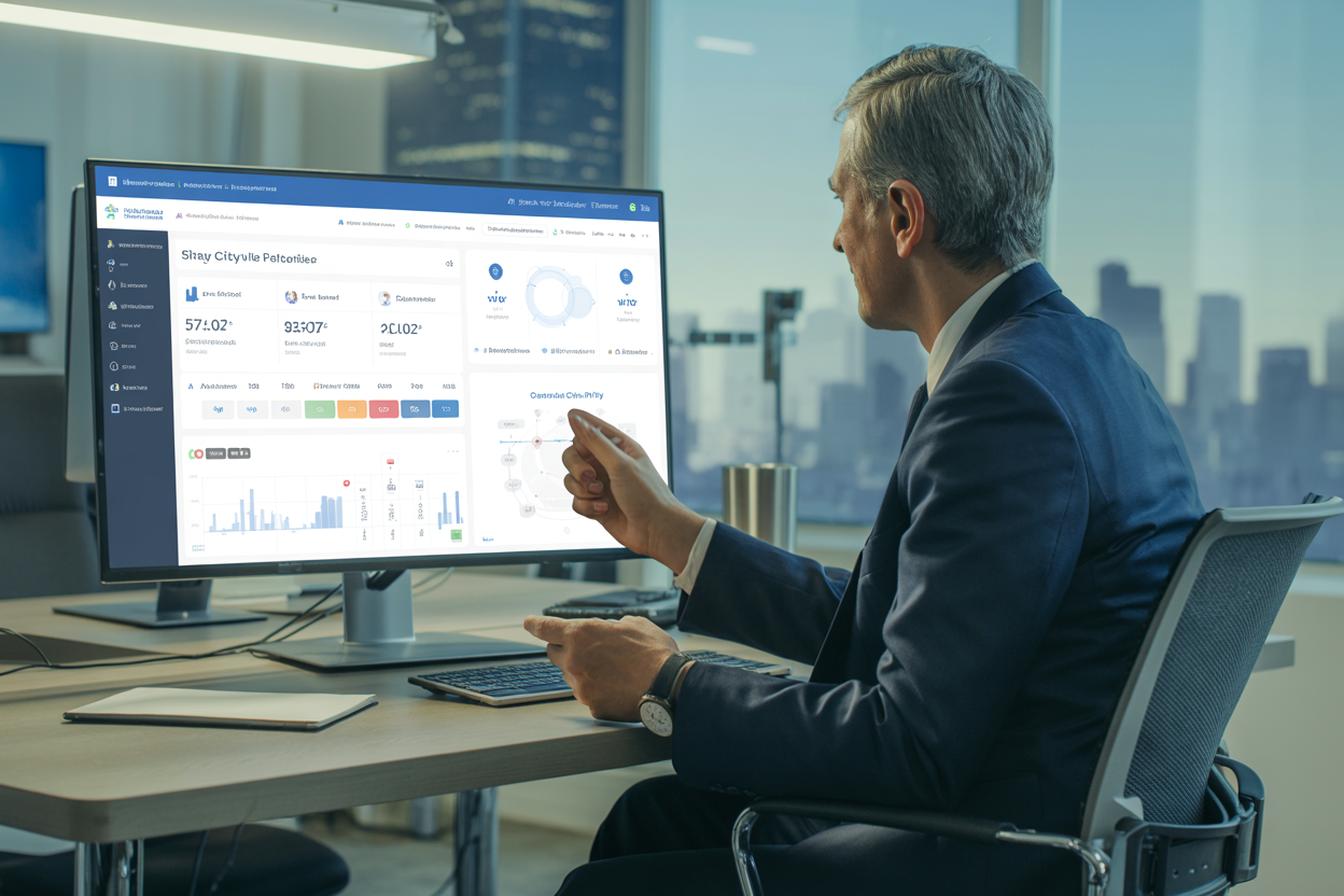 City administrator reviewing smart city technology dashboard and municipal technology solutions