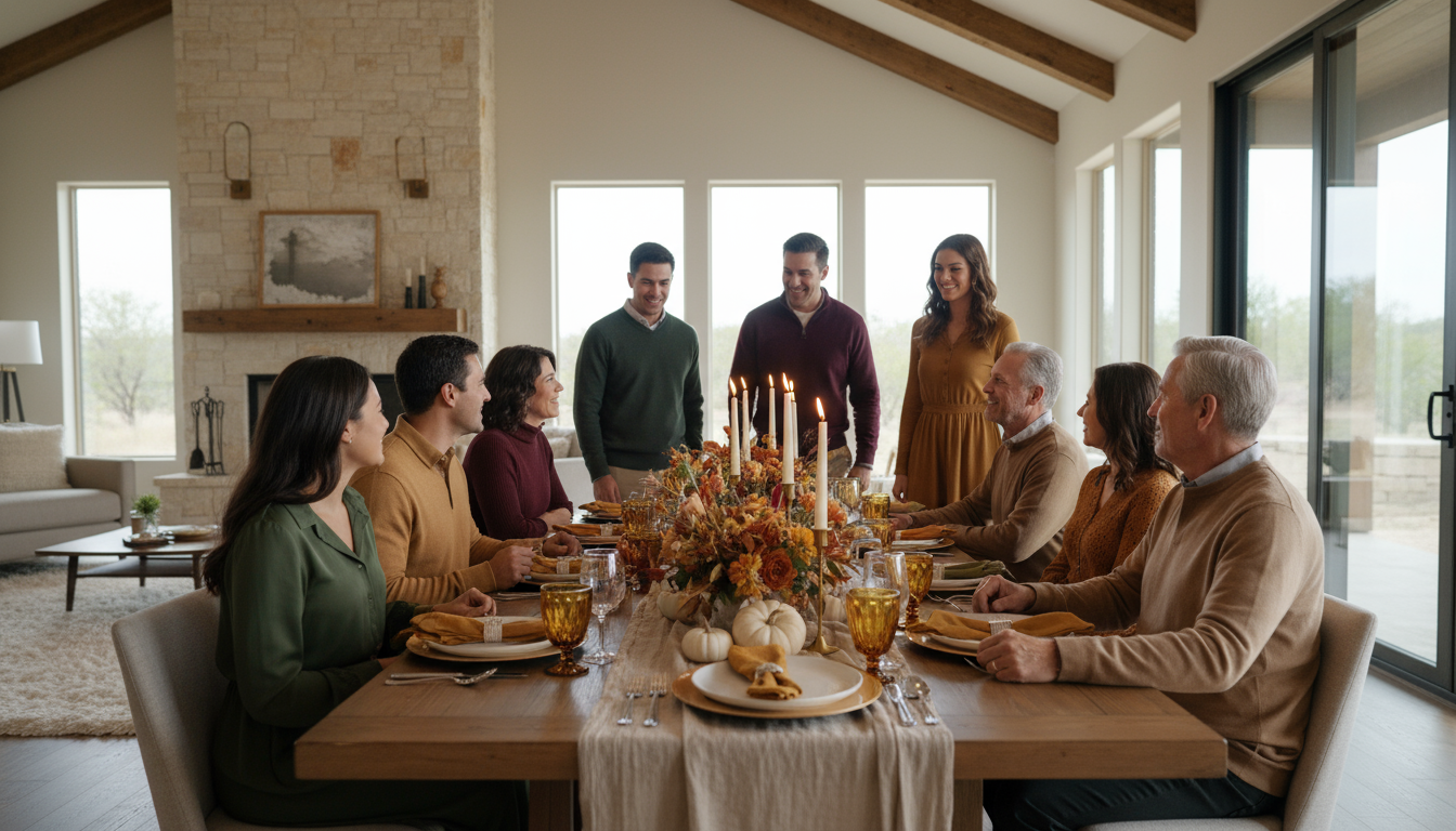 Thanksgiving family gathered around a beautifully set table in a modern Texas home