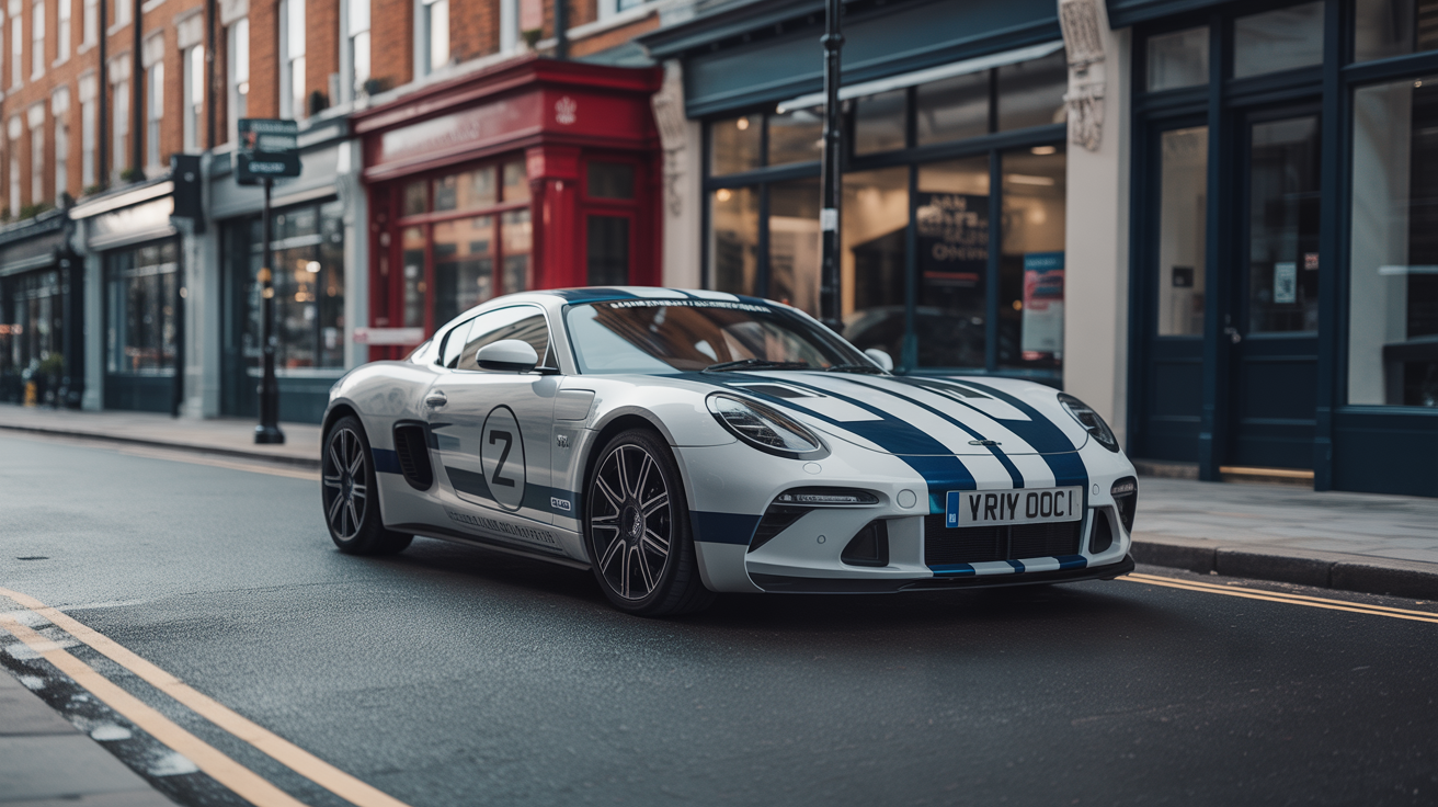 Modern sports car with custom decals and professional vinyl graphics