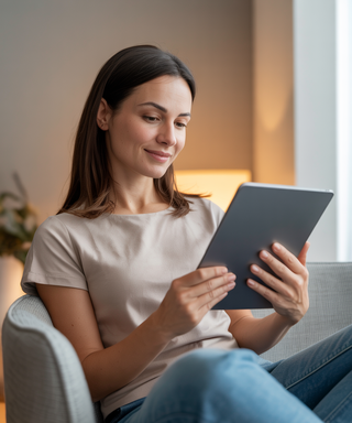 Frau liest eBook zur Stärkung und Heilung