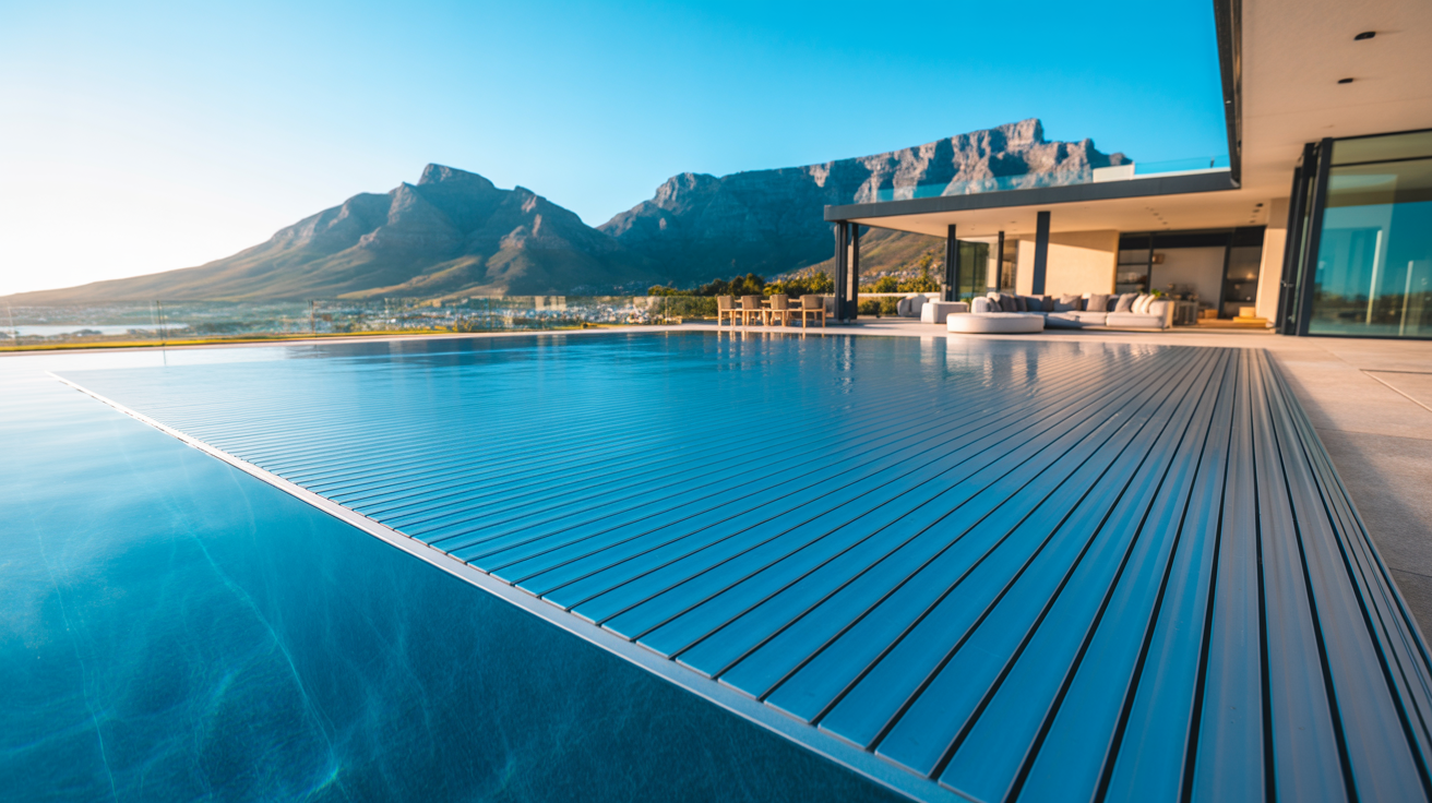 Modern Cape Town luxury home with automatic slatted pool cover and Table Mountain